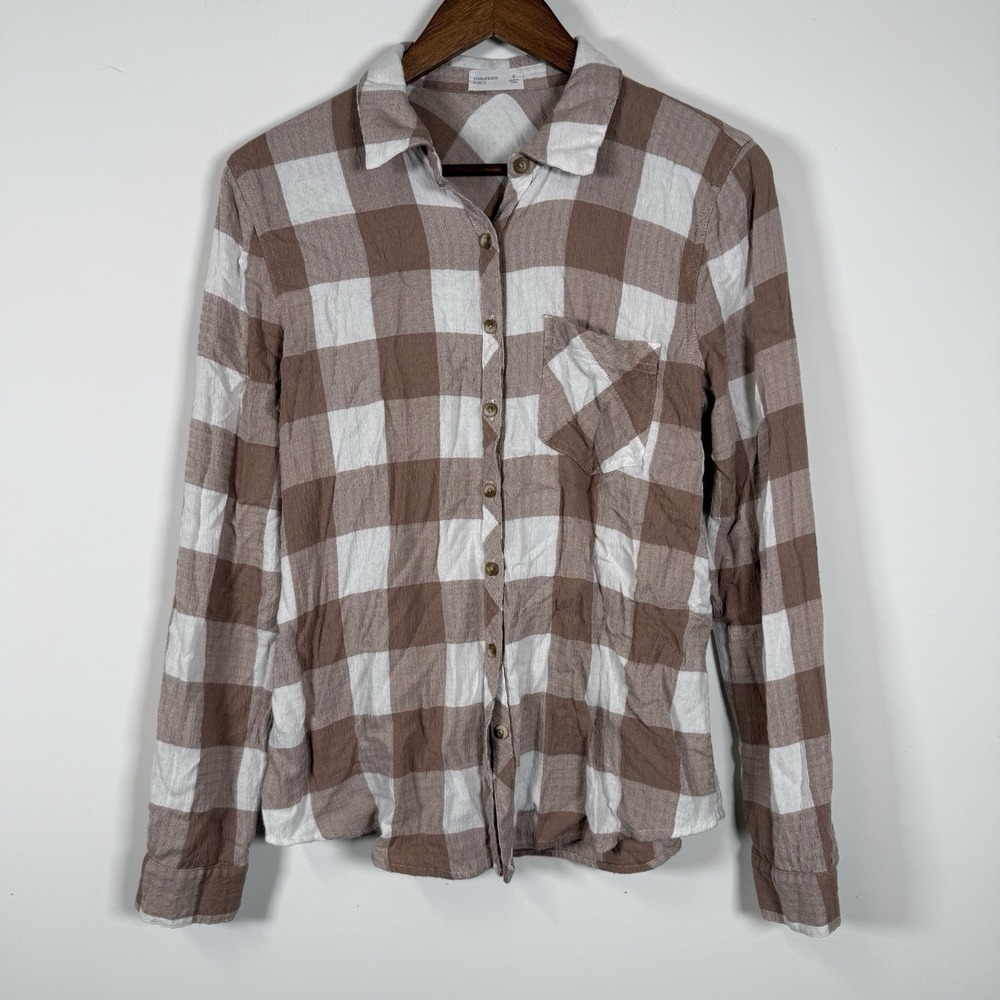 Maurice's Women's Long Sleeve Button Down Flannel Tan White‎ Size Small Casual